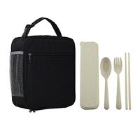 GVSAVY 1pc Lunch Bag with 1 Set Cutlery, Portable Insulated Picnic Bag, Multi-Functional Insulated Bag with Side Mesh Pockets, for School, Picnic, Camping (Black)