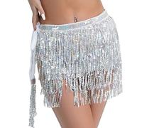 GVSAVY 1pcs Sequin Fringe Dress, Belly Dance Glitter Skirt, Latin Dancer Costume,Fringe Rave Skirt Outfit, Women Girls Dance Costumes for Prom, Party, Festival Performance(Silver)