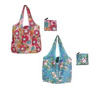 GVSAVY 2-Piece Reusable Shopping Bags, Eco-Friendly Flip Bags, Floral Pastoral Style Handbag, Foldable Carrying Bag, Suitable for Grocery & Work (Pink, Blue)