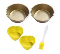 GVSAVY 2pcs Air Fryer Egg Molds, 2pcs Silicone Baking Cups, 1pc Oil Brush, 4 Inch Nonstick Baking Cake Mold, Carbon Steel Round Loaf Pan, Reusable, Suitable for Air Fryer, Oven (Gold)