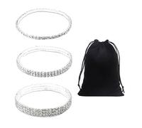 GVSAVY 3 Pcs Diamond Elastic Anklets with 1 Storage Bag, Silver Shiny Bangles, Rhinestone Crystal Jewelry, Summer Barefoot Accessories for Beach, Prom