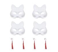 GVSAVY 4 White Cat Masks, 4 Red Tassels, Artistic Blank Fox Cat Masks, Paintable DIY Painted Masks,Hand-painted Masks Suitable for Halloween, Carnival, Masquerade and Parties