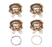 GVSAVY 4 Wooden Bead Tassel Bracelet with 2 Colorful Bead Bracelet, Bohemian Bracelet, Women's Multi-layer Elastic Bracelet, Tree of Life Pendant Jewelry