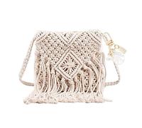 GVSAVY Cutout Tassel Shoulder Messenger Bag With Seashell, Ladies Casual Beach Braided Bag, Boho Crochet Bag (Cream White)