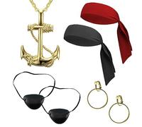 GVSAVY Pirate Costume Accessories Set - 2 Bandanas, 2 Black Eye Patches, Gold Earring, Necklace - Captain Dress Up for Halloween Party