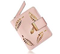 GVSAVY Women's Bifold Leather Wallet, Pu Leather Card Holder, Hollow Leaf Coin Purse, Button Clutch (Pink)