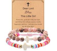 GVUSMIL Cross Bracelet Baptism Gifts Easter Basket Stuffers First Communion Adjustable Clay and Stone Christ Holy Water Bracelet Faith Jewelry for Daughter Granddaughter Niece, 4.5 UK, Stone and Clay