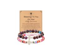 GVUSMIL Cross Bracelet Baptism Gifts Easter Basket Stuffers First Communion Adjustable Clay and Stone Christ Holy Water Bracelet Faith Jewelry for Daughter Granddaughter Niece, 4.5 UK, Stone and Clay