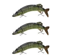 Gvvsjgdbis 3X 20cm 40G Lifelike Multi-Jointed 8-Segement Pike Muskie Fishing Lure Swimbait Crankbait Hard Bait Fish Hook ArmyGreen