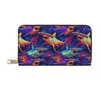 GVYGVY Leather Thin Slim Wallets for Women & Men - Neon Hammerhead Shark Print Card Wallet Holder with Zipper