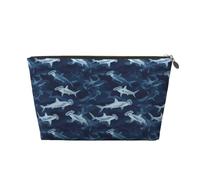 GVYGVY Small Travel Makeup Bag Organizer - Blue Camo Hammerhead Shark Print Leather Travel Toiletry Bag for Women & Men, Organizing Pouches for Purse with Zipper