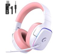 Gvyugke Wireless Gaming Headset, 2.4GHz Gaming headphone for PS4 PS5 PC Switch Mac, Bluetooth 5.3 Wireless Headset with Mic Noise Cancelling, 7.1 Surround Sound, 70H Battery, Foldable, RGB Lights-Pink