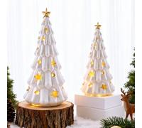 GW Box 2 Pcs Ceramic Christmas Trees Light Up Tabletop Resin Christmas Tree, White Xmas Tree Figurines with Stars and Dots Cutouts for Holiday Home Decoration