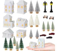 GW Box 29 Pcs Christmas Miniature Houses Figurines 1.5 Inch Snow Village Houses Mini Tree Miniature Christmas Town Accessories for White Winter Traditional Christmas Decor