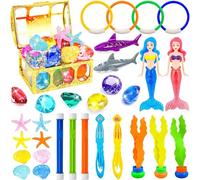 GW Box 36 Pcs Diving Pool Set, Including Diving Rings & Sticks, Diving Seaweed, Torpedo, Pirate Treasure Chest, Gems, Mermaid, with Storage Bag, Summer Swim Water Sinking Kit