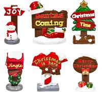 GW Box 6 Pcs Christmas Mini Village Accessories Resin Winter Village Scene Figurines Christmas Tree Snowman Sign Ornaments for Christmas Holiday Winter Village Decor