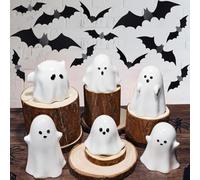 GW Box 6 Pcs Ghost Statue White Figurines Ghost Statue Halloween Resin Ghost Decor with Bat Stickers Ghost Sculpture for Halloween Desk Tabletop Centerpieces