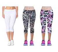 GW CLASSY OUTFIT 3/4 Girls Leggings (Pack of 3) Kids Plain Printed Trousers Full Stretch Leggings 4-13 Years* (3/4 White/Leopard/Pink Commando, 4-5 Years)