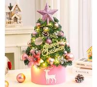GwaOery Mini Christmas Tree with Lights 45CM Christmas Baubles Ball Ornaments Small Xmas Tree with Star Tree Topper, Balls, Bows, Pine Cones for Xmas Office, Kitchen, Dining Table Decorations (Pink)