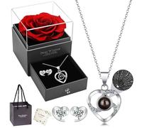 GwaOery Valentines Gifts Preserved Real Rose with Necklace Earrings for Her, I Love You Necklace in 100 Languages, Eternal Rose Preserved Flowers Beauty Romantic Gifts for Women Valentine's Day