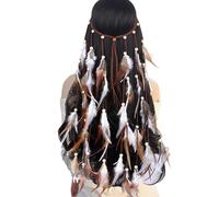 GWAWG 1 Pc Boho Feather Headband, Extra Long Version Indian Hair Accessories, Feather Headpiece in Coffee and White, for Beach Masquerade Carnival Festival, for Girl Women