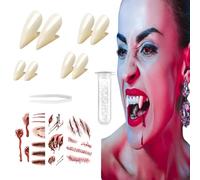 GWAWG 10 Piece Vampire Teeth Set, 4 Pair Vampire Teeth Fangs with 1 Tube Solid Adhesive, 4 Pcs Halloween Tattoos, Fake Fangs for Halloween Costume Props Party Favors White