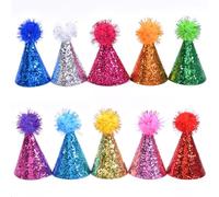 GWAWG 10PCS Cone Party Hat with Adjustable Headband Glitter Reusable Happy Birthday Hat,Children Birthday Supplies Decorations Pom-pom Party Hats for Kids Adults