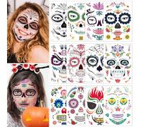 GWAWG 12PCS Day of the Dead Costume Tattoos, Temporary Sugar Skull Face Stickers for Makeup, Halloween Party Masquerade Fancy Dress Accessory for Women Men Adult
