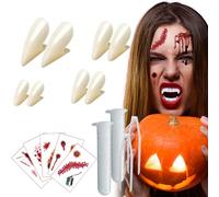 GWAWG 13 Piece Vampire Teeth Set, Halloween Carnival Party Horror Costume for Masquerade Cosplay Props, 5 Sheet Halloween Body Tattoos, 4 Pairs Fangs, 2 Tube Teeth Pellets Adhesive, 2 Tweezers