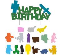 GWAWG 16pcs Cake Toppers Cake Decorations, 1 Large Happy Birthday Topper, 3D Pixel Toppers for NTN Game, Cartoon Movie Themed Birthday Party Supplies Decorations for Kids