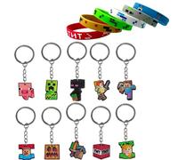 GWAWG 16Pcs Miner Keychains Rubber Bracelet,Birthday Game Party Supplies,Backpack Pendant,Birthday Gift Fillers