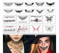 GWAWG 18 PCS Halloween Clown Horror Mouth Face Temporary Tattoo, Skeleton Face Tattoo, for Mouth and Neck, Cosplay Party DIY Decorations