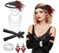 GWAWG 1920s Flapper Great Gatsby Accessories Set,Great Gatsby Accessories Women,Roaring 20's Theme Set,Ladies Charleston Fancy Dress Up Set for Women Christmas Carnival Halloween (RedBlack)