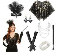 GWAWG 1920s Flapper Great Gatsby Accessories Set,Great Gatsby Accessories Women,Roaring 20's Theme Set,Ladies Charleston Fancy Dress Up Set for Women Christmas Carnival Halloween (black,gold)