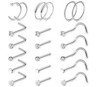 GWAWG 21 Pcs Nose Rings, L-Shaped Nose Stud, Hypoallergenic Stainless Steel Nose Piercing Jewellery, Nose Piercing Ring with Cubic Zirconia