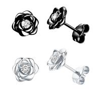 GWAWG 2Pairs 925 sterling silver stud earring,hypoallergenic small rose flower earring,shiny cubic zirconia earring,flower stud earring for Women Girls
