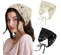 GWAWG 2PCS Crochet Hair Bandana,black and white Vintage Knotted Headscarf,Knitted Head Kerchief,Vintage Floral Hair Scarf,Cute Knitted Hair Scarves for Women Girls