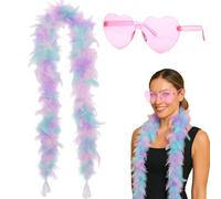 GWAWG 2PCS Feather Boa Set, Colorful Feather Boas for Women, White Feather Scarf for Christmas Wedding Centerpieces Halloween,Concert,Cosplay,With Pink Heart Sunglasses