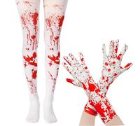 GWAWG 2PCS Girls Blood Stained Tights and Blood Gloves for Kids Halloween Costumes Red and White Blood Stained Tights for Ages 7-12 Long Sleeve Full Finger Gloves Women Stockings for Halloween Cosplay