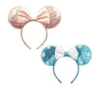 GWAWG 2PCS Mickey Mouse Ears Headband (Champagne and Blue) - Sparkling Snowflakes and Satin Bow, Perfect for Disney Trip, Christmas, and Cosplay | Fits Adults and Children