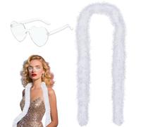 GWAWG 2PCS Natural Turkey Feather Boas and Heart Sunglasses Fancy Dress,White Feather Boa for Women Girls,Fluffy Boa Feather Scarffor Dancing Bachelor Hen Halloween Xmas Party