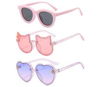 GWAWG 3 Pack Girls Sunglasses, Shiny Colorful Cute Cat Heart Shaped Funky Sunglasses Set, Baby Protection Eyewear, Kids Summer Party Favor Dress up Accessory for Children Age 3-10