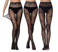 GWAWG 3 Pairs Women's Patterned Fishnet Tights Patterned Black Lace Fishnet Net Tights Lace Floral Pantyhose High Waist Fishnet Stockings Black Patterned Tights for Women