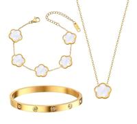 GWAWG 3 Pcs Four-Leaf Clover Jewelry for Women, 18K Gold Plated Stainless Steel Necklace, Bracelet Set, Gold Bracelet Cubic Zirconia Bangle, Clover Jewellery Set for Mother's Day, Valentine's Day