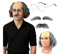 GWAWG 3 Pcs Funny Bald Wig Set - with Hair on Sides, Glasses + Fake Eyebrows & Beard, Grandad, Scientist, for Halloween Carnival Cosplay Party Performance