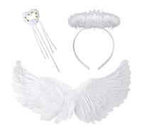 GWAWG 3 Pieces White Angel Costume, Kids Leprechaun Wing Feather Halo Magic Wand for Cosplay Dress Up Party Halloween Christmas