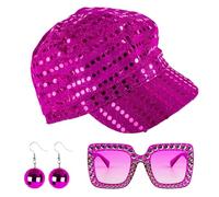 GWAWG 3Pcs 70s Sequin Hat Glitter Abba Accessories Women with Sequins Hat Bling Sunglasses Earrings Women Disco Accessories for Theme Party Birthday Dance