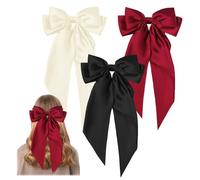 GWAWG 3Pcs Big Bow Hair Clip French Hair Clip Big Bowknot Hairpin with Long Silky Satin Solid Color Tail White and Black and Red for Women Girls Barrettes Hair Fastener Accessories