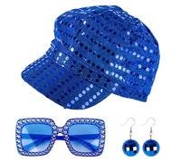 GWAWG 3PCS Sequin Hat Blue Disco Hat with vintage disco sunglasses earrings,sequin hat abba style,Blue Glitter Abba Hats Costume Accessories Kit for Adult Women Theme Party Birthday