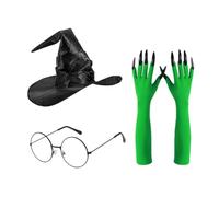 GWAWG 3pcs Witch Costume Accessories Set,Witches Hat, Elphaba Glasses, Green Gloves With Claws,for Adult Women for Cosplay Dress Up